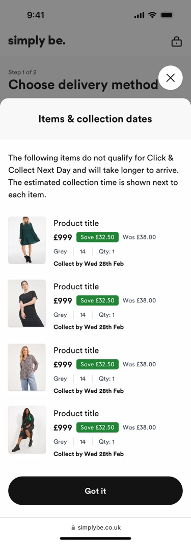 SimplyBe Click and Collect Collection Dates screen
