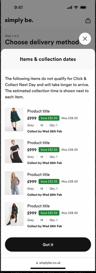 SimplyBe Click and Collect Collection Dates screen